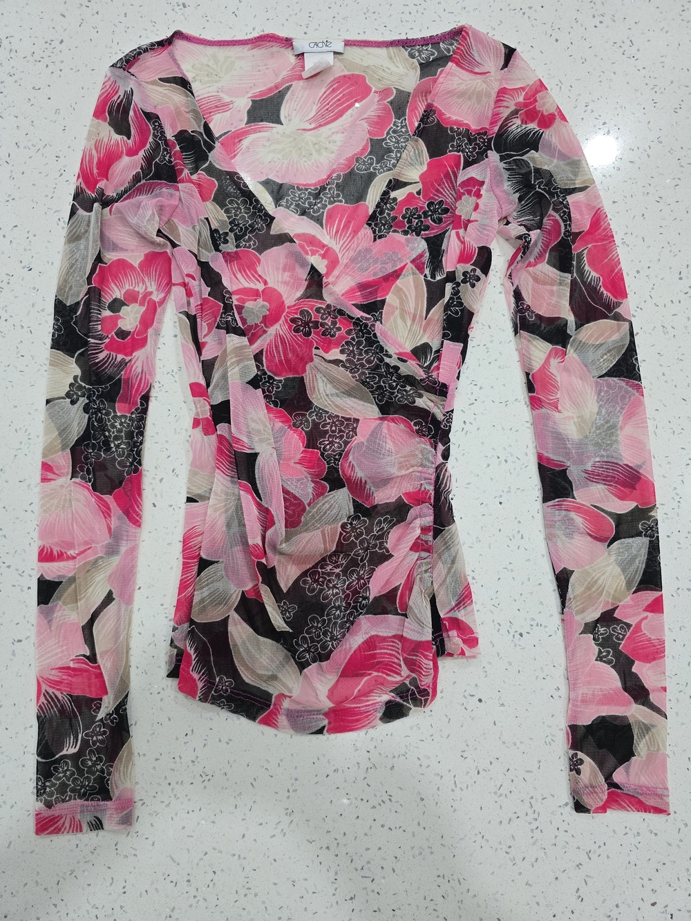 Vintage Cache Y2K Pink Black Floral Wrap-Front Long Sleeve Top
